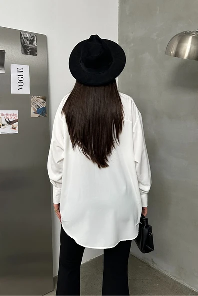 Kadın Oversize Gömlek Uzun Kollu Düşük Omuz Dökümlü Gömlek - Resim 9
