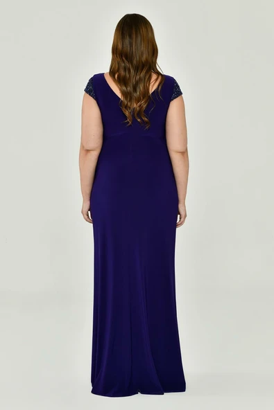 V Yaka Kısa Kollu Aksesuarlı Yırtmaçlı Uzun Abiye Elbise Alfabeta - 12