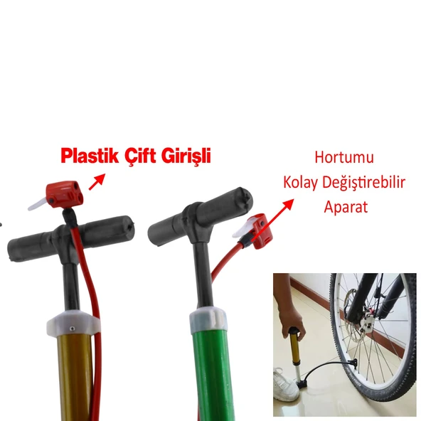 Şişirme Seti Klasik Bisiklet Pompası El Tipi Ayak Tutamaklı Metal Borulu ve Uçlu Top Teker Şambrel - 9