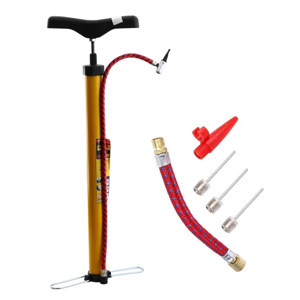 Klasik Bisiklet Pompası ve Uç Seti El Tipi Ayak Tutamaklı Metal Boru Top Lastik Teker Şişirme Uçlu - Resim 6