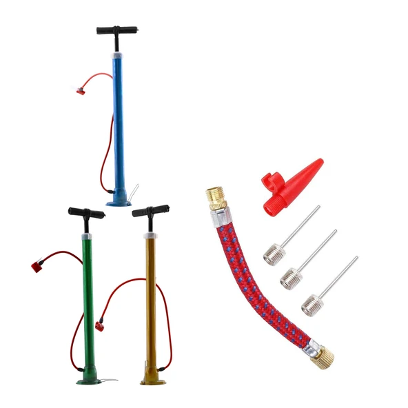 Şişirme Seti Klasik Bisiklet Pompası El Tipi Ayak Tutamaklı Metal Borulu ve Uçlu Top Teker Şambrel - 6