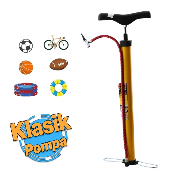 Klasik Bisiklet Pompası ve Uç Seti El Tipi Ayak Tutamaklı Metal Boru Top Lastik Teker Şişirme Uçlu - Resim 7