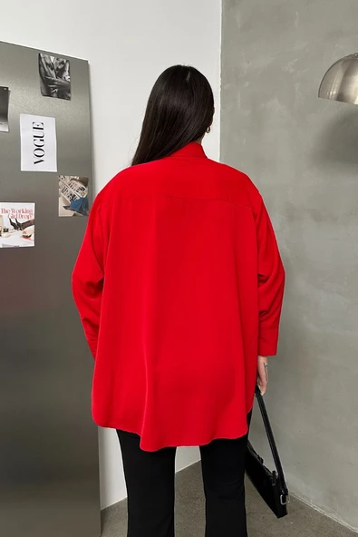 Kadın Oversize Gömlek Uzun Kollu Düşük Omuz Dökümlü Gömlek - Resim 6