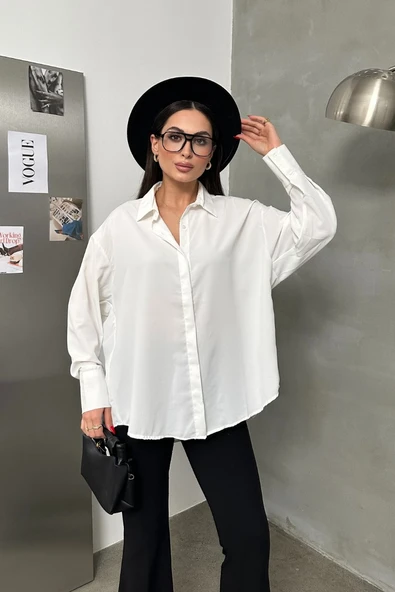 Kadın Oversize Gömlek Uzun Kollu Düşük Omuz Dökümlü Gömlek - Resim 7