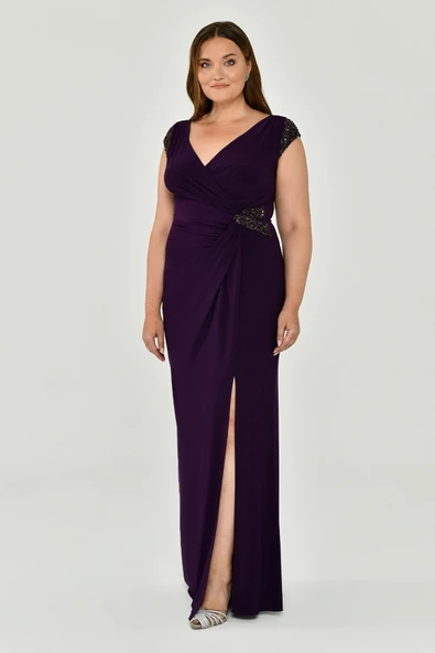 V Yaka Kısa Kollu Aksesuarlı Yırtmaçlı Uzun Abiye Elbise Alfabeta - 2