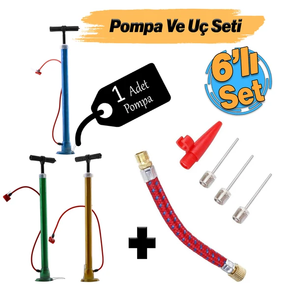 Şişirme Seti Klasik Bisiklet Pompası El Tipi Ayak Tutamaklı Metal Borulu ve Uçlu Top Teker Şambrel