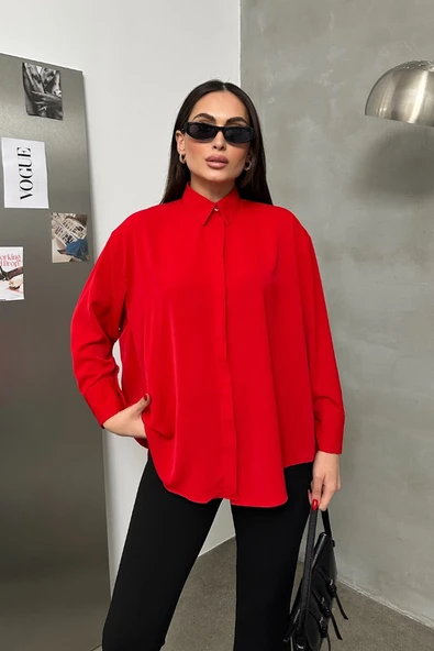 Kadın Oversize Gömlek Uzun Kollu Düşük Omuz Dökümlü Gömlek - Resim 4