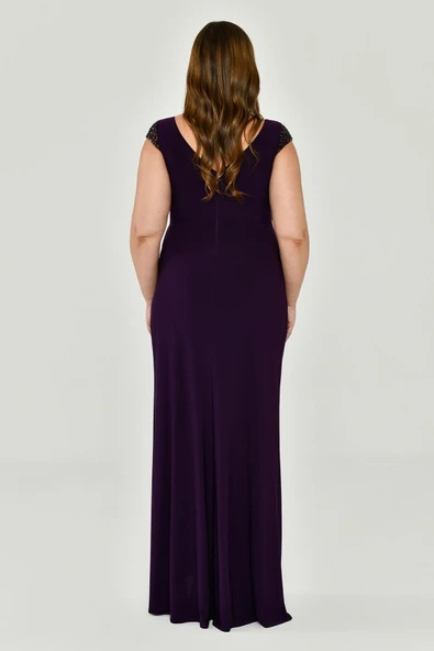 V Yaka Kısa Kollu Aksesuarlı Yırtmaçlı Uzun Abiye Elbise Alfabeta - 4