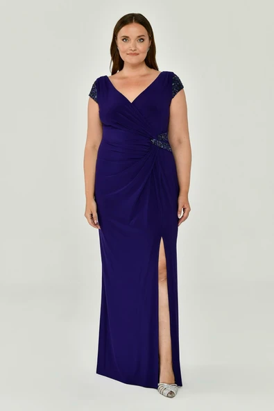 V Yaka Kısa Kollu Aksesuarlı Yırtmaçlı Uzun Abiye Elbise Alfabeta - 9