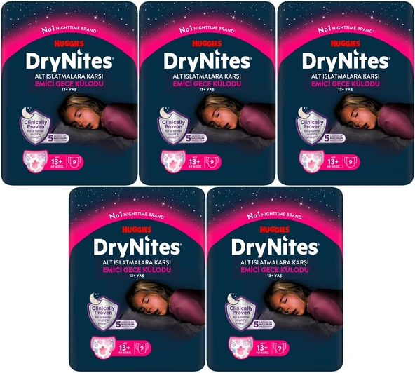 Drynites Emici Gece Külodu/Külot Bez Kız 13+ Yaş (48-60KG) X Large 45 Adet (5PK*9)