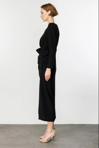 Nefeli Midi V Yaka Uzun Kol Minimalist Elbise - Özel Günler İçin - 7