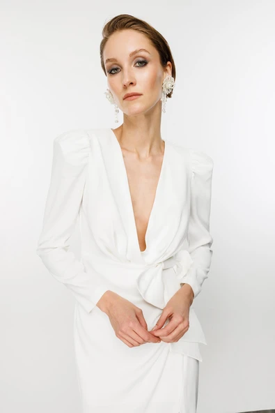 Nefeli Midi V Yaka Uzun Kol Minimalist Elbise - Özel Günler İçin - 11