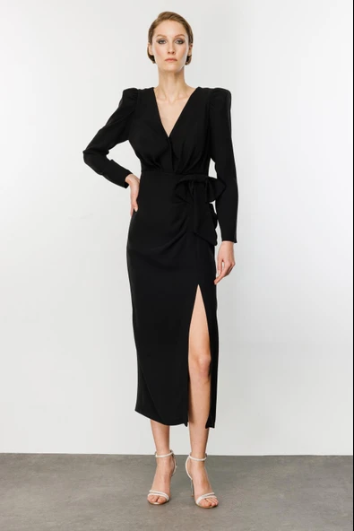 Nefeli Midi V Yaka Uzun Kol Minimalist Elbise - Özel Günler İçin - 13