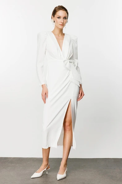 Nefeli Midi V Yaka Uzun Kol Minimalist Elbise - Özel Günler İçin - 9