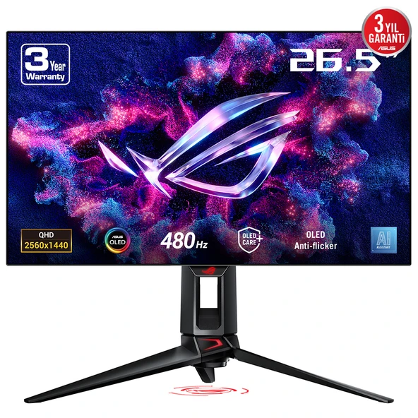 ASUS ROG SWIFT PG27AQDP 26.5 OLED GAMING 2K FREESYNC PREMIUM, 2560x1440 0.03ms 480Hz 450cd DP HDMI USB VESA 3YIL AI DESTEK, HDR400, GERÇEK SIYAH, 99% DCI-P3,10 BIT MONITÖR