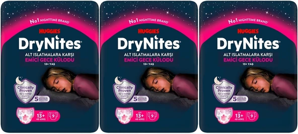 Drynites Emici Gece Külodu/Külot Bez Kız 13+ Yaş (48-60KG) X Large 27 Adet (3PK*9)