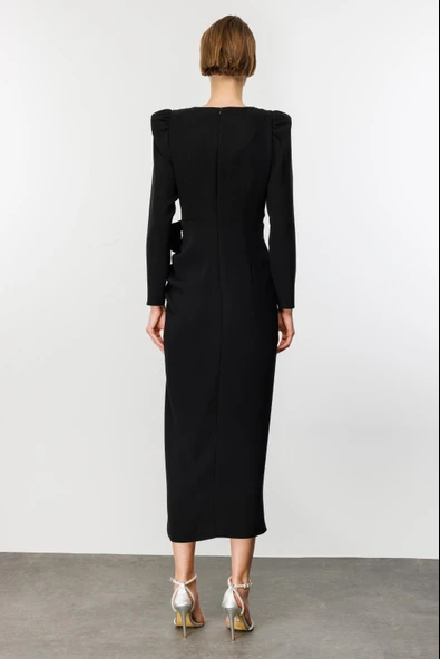 Nefeli Midi V Yaka Uzun Kol Minimalist Elbise - Özel Günler İçin - 16