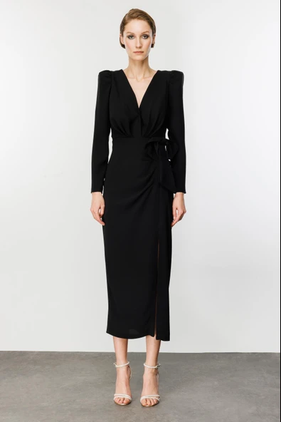 Nefeli Midi V Yaka Uzun Kol Minimalist Elbise - Özel Günler İçin - 6