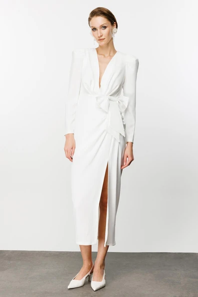 Nefeli Midi V Yaka Uzun Kol Minimalist Elbise - Özel Günler İçin - 10