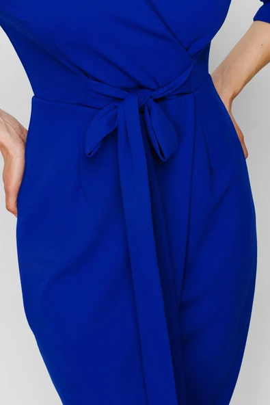 Nefeli V Yaka Midi Sarımlı Elbise - Minimalist Şık Günlük - Resim 6