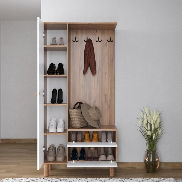 Bohem 3 Kapaklı Askılıklı Portmanto - Atlantik Çam / Beyaz - 3
