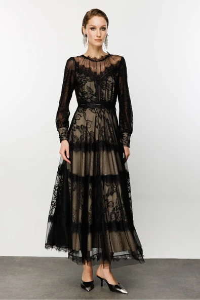 Dantel Detay Bej Astarlı Maxi Boy Abiye Elbise Nefeli - Resim 5