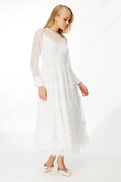 Dantel Detay Bej Astarlı Maxi Boy Abiye Elbise Nefeli - Resim 3