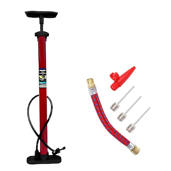 El Tipi Klasik Plastik Bisiklet Pompası ve Uç Seti Ayak Tutamaklı Pompa Teker Top Şişirme - 6