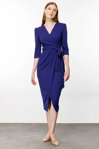 Nefeli V Yaka Midi Sarımlı Elbise - Minimalist Şık Günlük - Resim 9