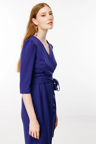 Nefeli V Yaka Midi Sarımlı Elbise - Minimalist Şık Günlük - Resim 10