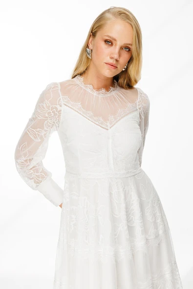 Dantel Detay Bej Astarlı Maxi Boy Abiye Elbise Nefeli - Resim 2