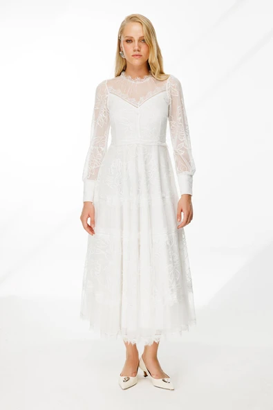 Dantel Detay Bej Astarlı Maxi Boy Abiye Elbise Nefeli ürün görseli 1