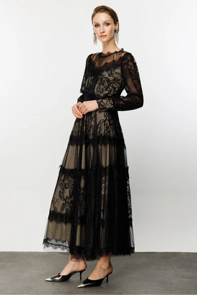 Dantel Detay Bej Astarlı Maxi Boy Abiye Elbise Nefeli - Resim 6