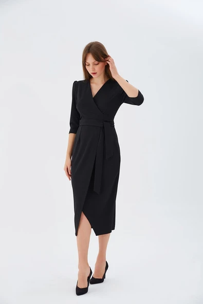 Nefeli V Yaka Midi Sarımlı Elbise - Minimalist Şık Günlük ürün görseli 1