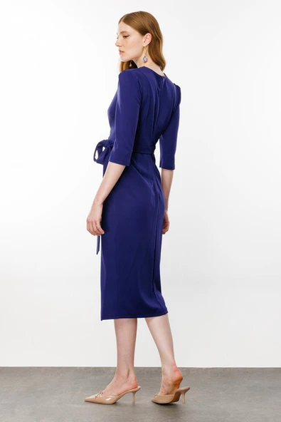 Nefeli V Yaka Midi Sarımlı Elbise - Minimalist Şık Günlük - Resim 12