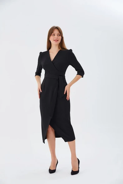 Nefeli V Yaka Midi Sarımlı Elbise - Minimalist Şık Günlük - Resim 2