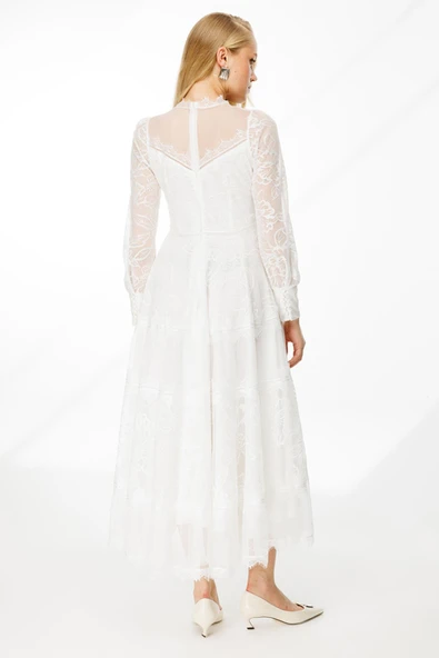 Dantel Detay Bej Astarlı Maxi Boy Abiye Elbise Nefeli - Resim 4