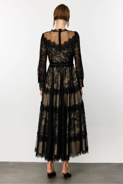 Dantel Detay Bej Astarlı Maxi Boy Abiye Elbise Nefeli - Resim 7