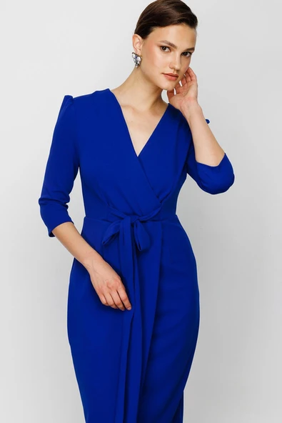 Nefeli V Yaka Midi Sarımlı Elbise - Minimalist Şık Günlük - Resim 7