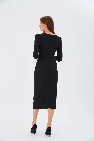 Nefeli V Yaka Midi Sarımlı Elbise - Minimalist Şık Günlük - Resim 4