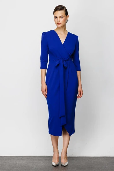 Nefeli V Yaka Midi Sarımlı Elbise - Minimalist Şık Günlük - Resim 5