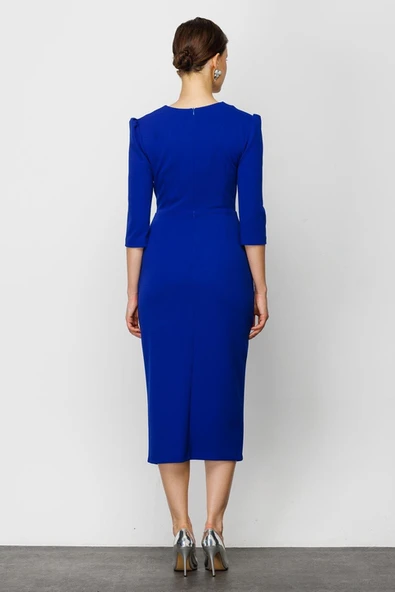 Nefeli V Yaka Midi Sarımlı Elbise - Minimalist Şık Günlük - Resim 8