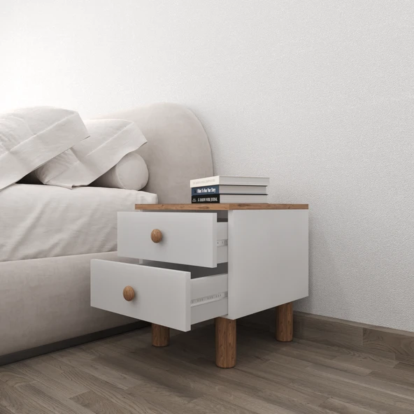 Bohem 2 Çekmeceli Komodin - Atlantik Çam / Beyaz - 3