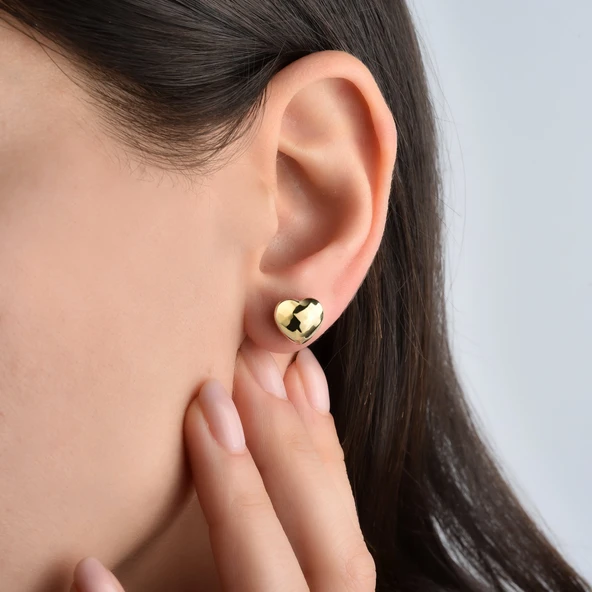 14 Ayar Altın Kaplama Minimal  Desenli Kalp Gümüş Küpe - E00286 ürün görseli 1