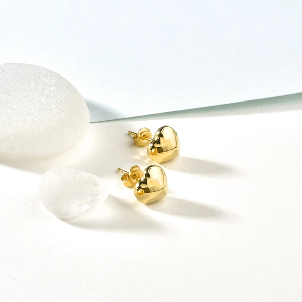 14 Ayar Altın Kaplama Minimal  Desenli Kalp Gümüş Küpe - E00286 - Resim 2