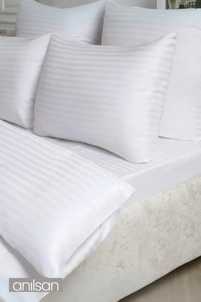 Çizgili Saten Çift Kişilik Lastikli Çarşaf Düğmeli Nevresim Takımı 2 Adet Yastık Kılıfı,83tel