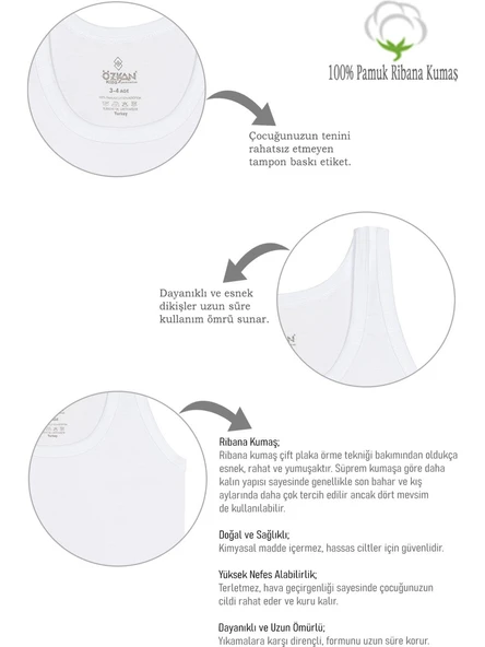 Özkan Underwear 0801 5'li Paket Erkek Çocuk Ribana %100 Pamuklu Esnek Rahat Kalın Askılı Atlet - 2