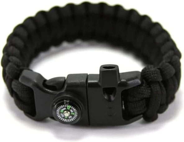 Çok Fonksiyonlu Paracord Bileklik ,Paraşüt İpi , Pusula ,Ateşleme Çakmağı ile Siyah