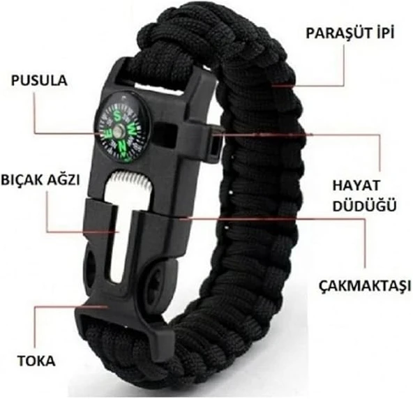 Çok Fonksiyonlu Paracord Bileklik ,Paraşüt İpi , Pusula ,Ateşleme Çakmağı ile Siyah - 3