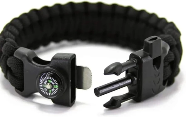 Çok Fonksiyonlu Paracord Bileklik ,Paraşüt İpi , Pusula ,Ateşleme Çakmağı ile Siyah - 2